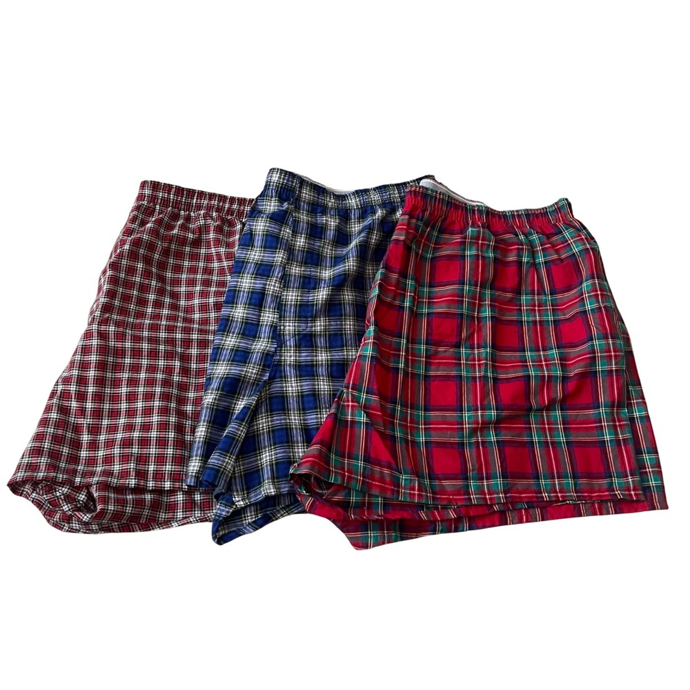 3 VTG Hanes Cotton Full Cut Shorts Mens 2XL Boxers Blue Red Black Plaid RN 15763
